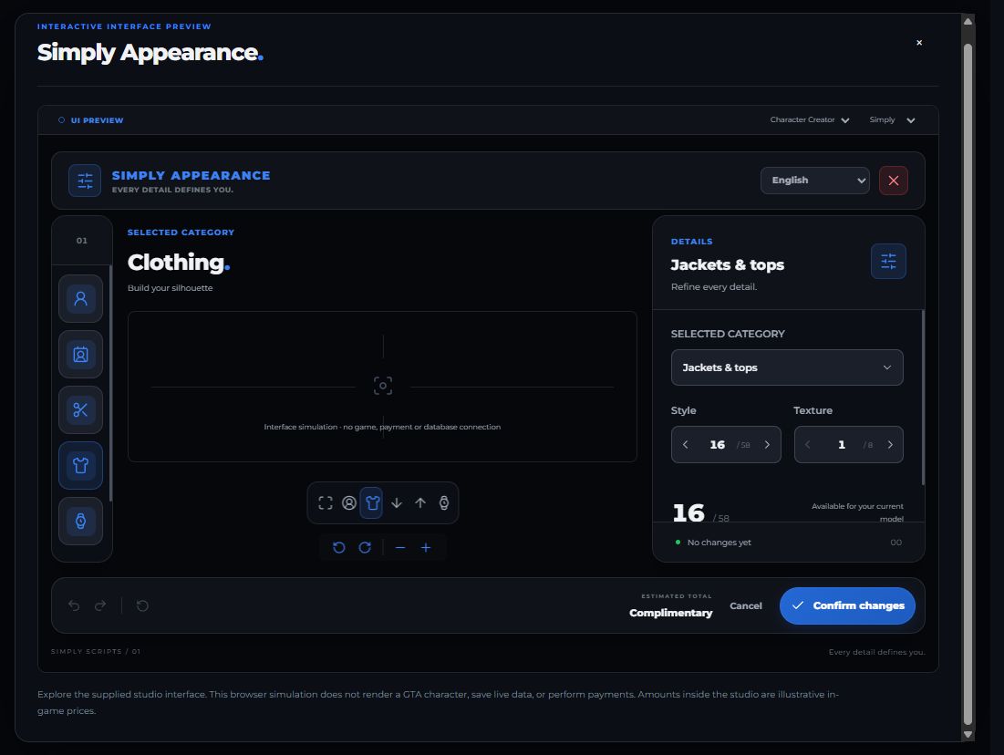 The supplied Simply Appearance browser interface, with category navigation, camera controls, clothing inspector, and confirmation bar
